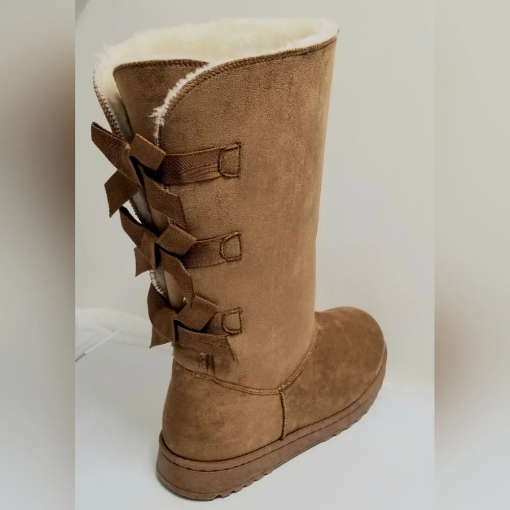 Suede Leather & Fur Lined Tall Boot Triple Bow Caramel Brown Sz 9 NWOT